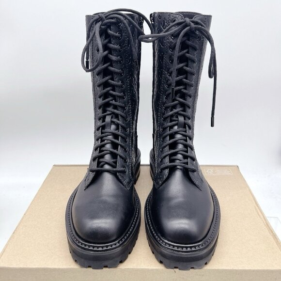 Jimmy Choo Cora Monogram Logo Debossed Combat Boots Black Leather EU 36.5 US 6.5 - Picture 5 of 9